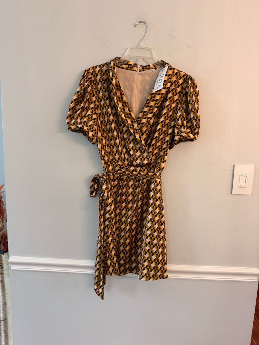 NWT Print Wrap Mini Dress in Yellow and Black